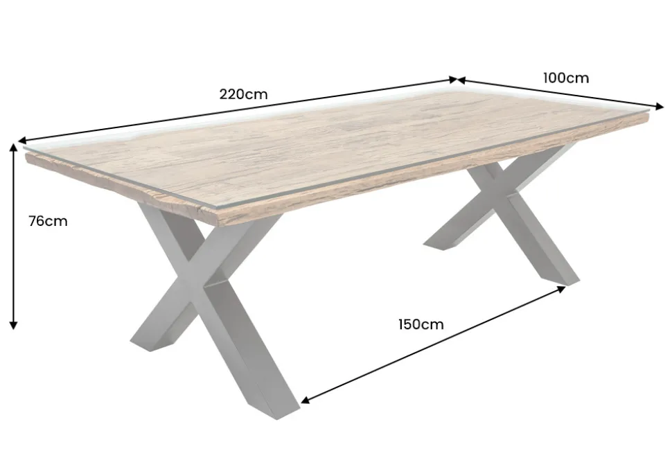Massivholz Esstisch BARRACUDA 220cm natur Teak schwarz Metall X-Gestell inkl. Glasplatte