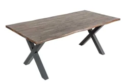 Massivholz Esstisch GENESIS VINTAGE 160cm braun Akazie schwarzes X-Gestell Baumkante