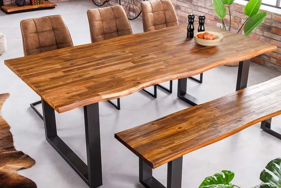 Massivholz Esstisch GENESIS 180cm natur anthrazit Akazie Baumkante Industrial Design