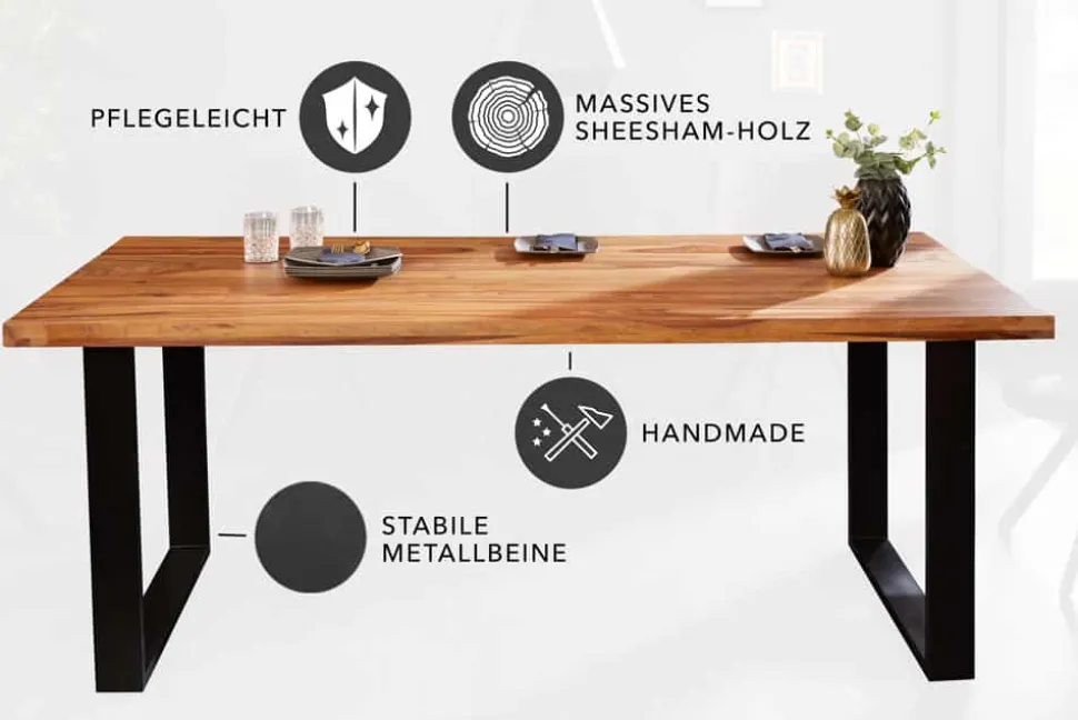 Massivholz Esstisch IRON CRAFT 160cm braun schwarz Sheesham stone finish Industrial