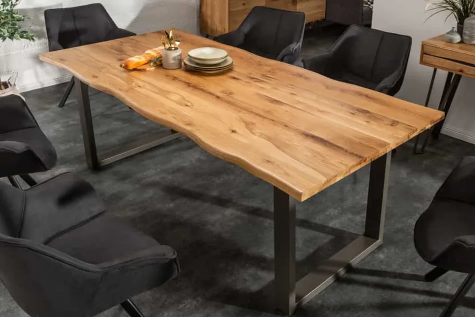 Massivholz Esstisch LIVING EDGE 200cm natur Wildeiche geölt Baumkante Metallbeine
