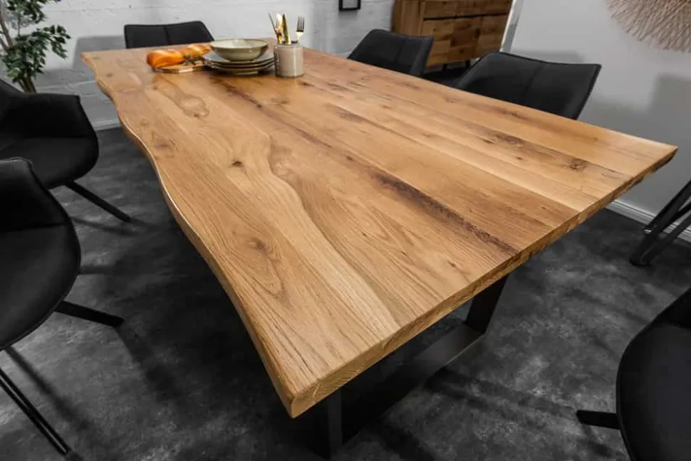 Massivholz Esstisch LIVING EDGE 160cm natur Wildeiche geölt Baumkante Metallgestell