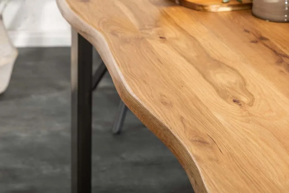 Massivholz Esstisch LIVING EDGE 160cm natur Wildeiche geölt Baumkante Metallgestell