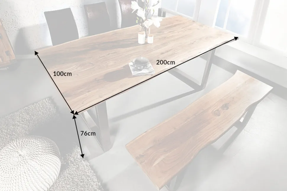 Massivholz Esstisch MAMMUT NATURE 200cm Akazie Edelstahl Baumkante 3,5cm Tischplatte