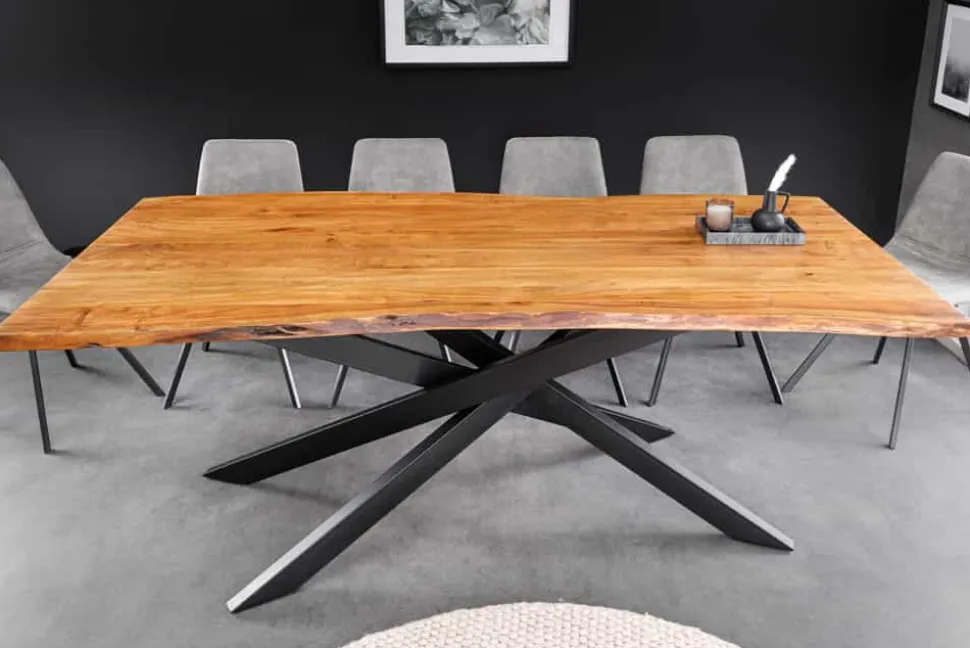 Massivholz Esstisch MAMMUT 200cm Akazie schwarz Metall Baumkante 3,5cm Tischplatte