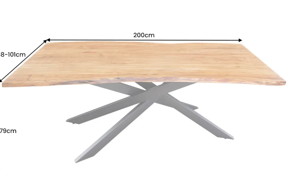 Massivholz Esstisch MAMMUT 200cm Akazie schwarz Metall Baumkante 3,5cm Tischplatte
