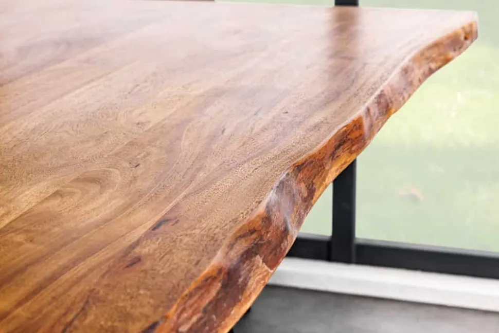 Massivholz Esstisch MAMMUT 200cm Akazie schwarz Metall Baumkante 3,5cm Tischplatte
