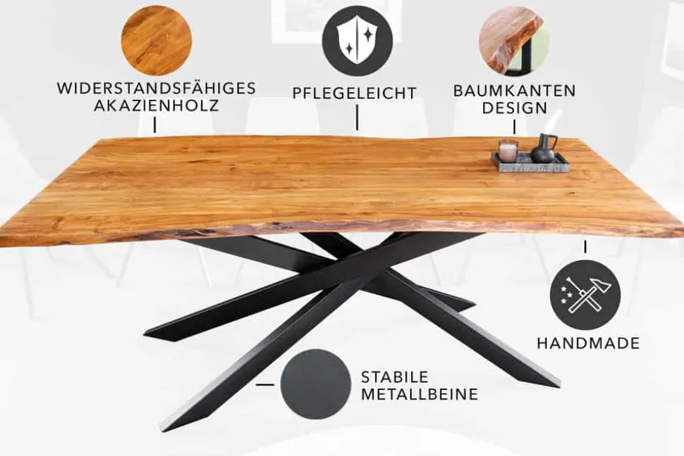 Massivholz Esstisch MAMMUT 200cm Akazie schwarz Metall Baumkante 3,5cm Tischplatte