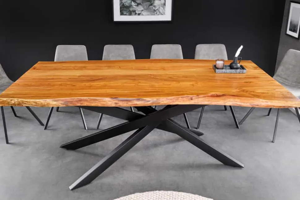 Massivholz Esstisch MAMMUT 200cm Akazie schwarz Metall Baumkante 6cm Tischplatte