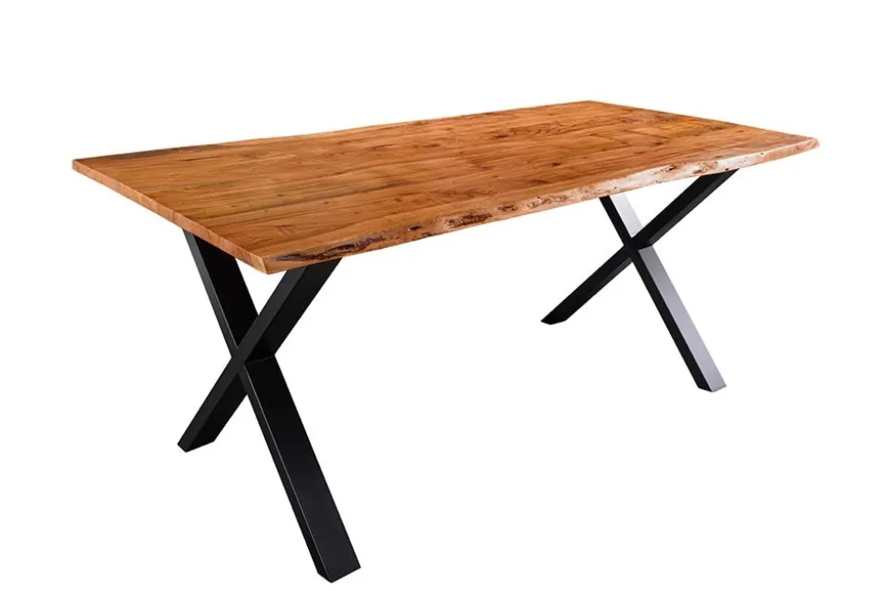 Massivholz Esstisch MAMMUT 160cm Akazie Baumkante X-Gestell Industrial Design 2,6 cm Platte