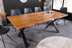 Massivholz Esstisch MAMMUT 160cm Akazie Baumkante X-Gestell Industrial Design 2,6 cm Platte