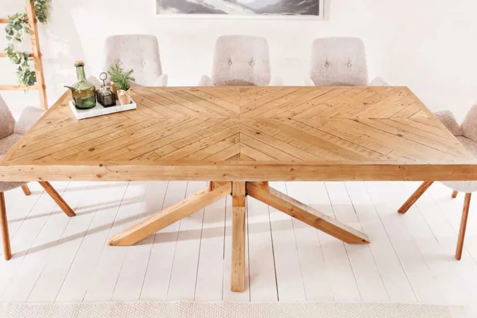 Massivholz Esstisch MOSAIK 160cm natur Pinienholz recycelt Sterngestell