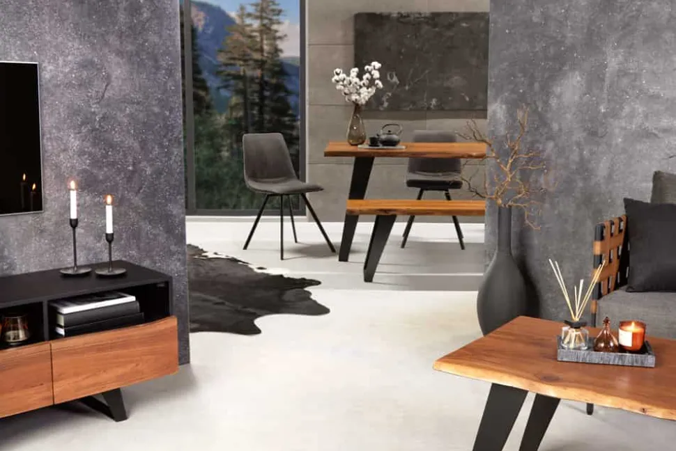 Massivholz Esstisch ORGANIC ARTWORK 180cm Akazie Industrial Design Eisengestell Baumkante