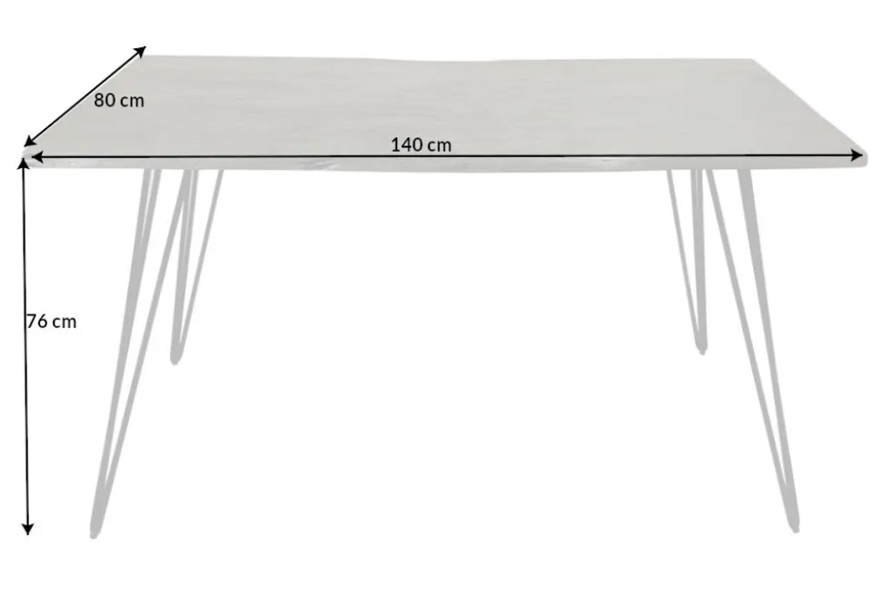 Massivholz Esstisch SCORPION 140cm grau Akazie Baumkante schwarze Metallbeine Hairpin Legs