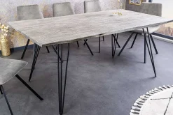 Massivholz Esstisch SCORPION 140cm grau Akazie Baumkante schwarze Metallbeine Hairpin Legs