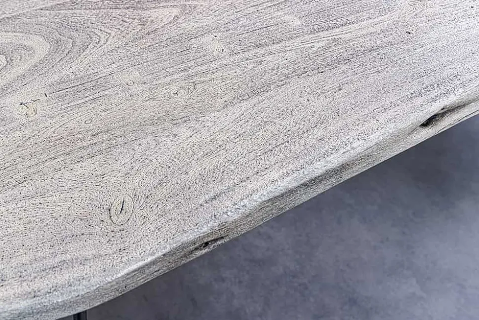 Massivholz Esstisch SCORPION 140cm grau Akazie Baumkante schwarze Metallbeine Hairpin Legs