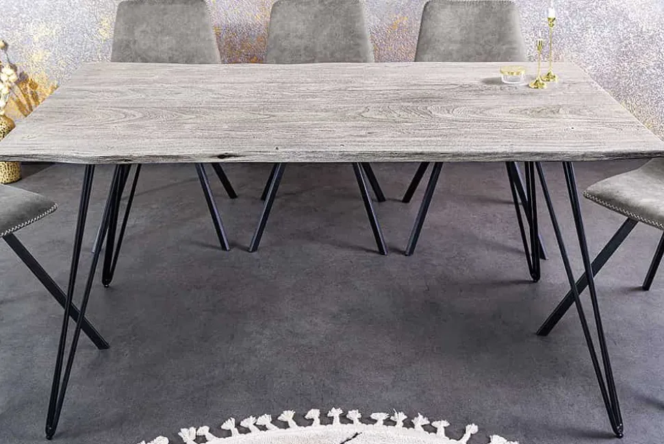 Massivholz Esstisch SCORPION 140cm grau Akazie Baumkante schwarze Metallbeine Hairpin Legs