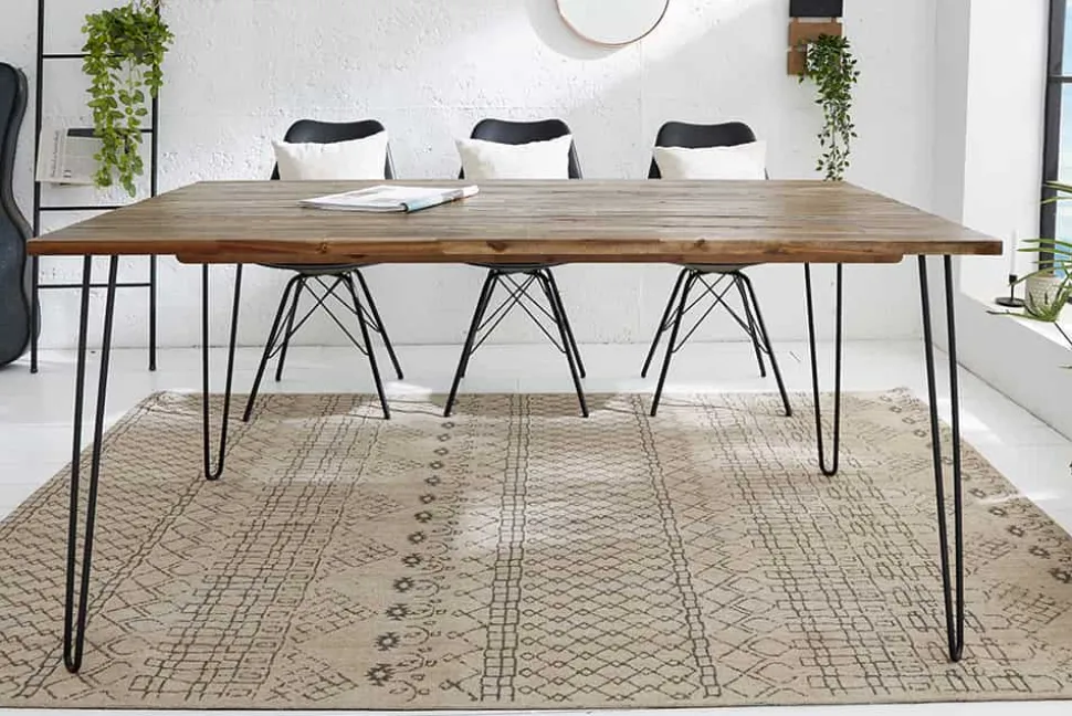 Massivholz Esstisch SCORPION 180cm braun Akazie schwarze Metallbeine Hairpin Legs Retro