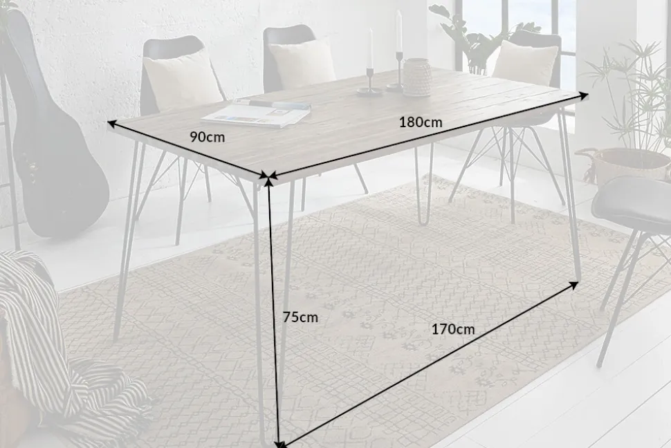 Massivholz Esstisch SCORPION 180cm braun Akazie schwarze Metallbeine Hairpin Legs Retro