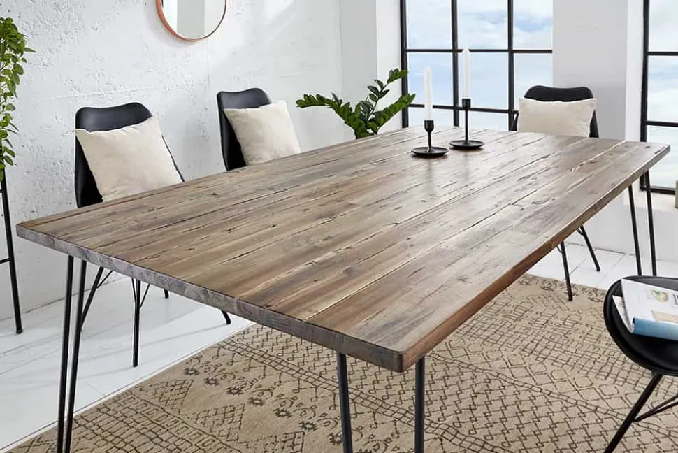 Massivholz Esstisch SCORPION 180cm braun Akazie schwarze Metallbeine Hairpin Legs Retro