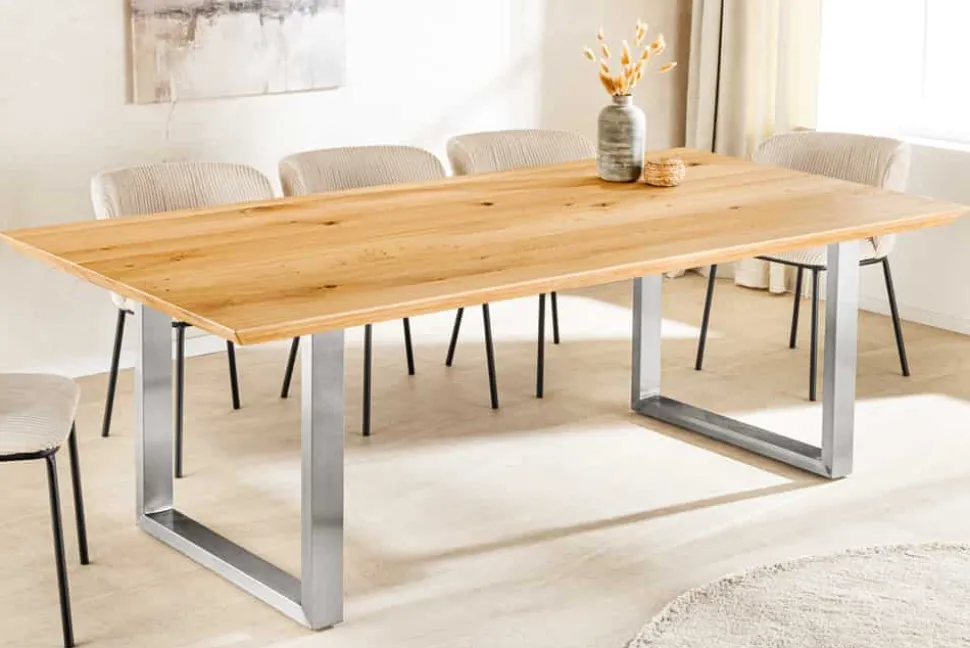 Massivholz Esstisch WILD OAK 200cm natur Wildeiche Schweizer Kante Edelstahl U-Gestell