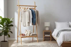 Massivholz Garderobe ZEN-BO 160cm natur Bambus Kleiderstange mit Ablage