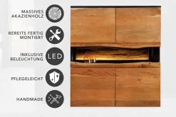 Massivholz Highboard GRAND ACACIA 120cm braun Akazie mit LED-Beleuchtung Baumkante