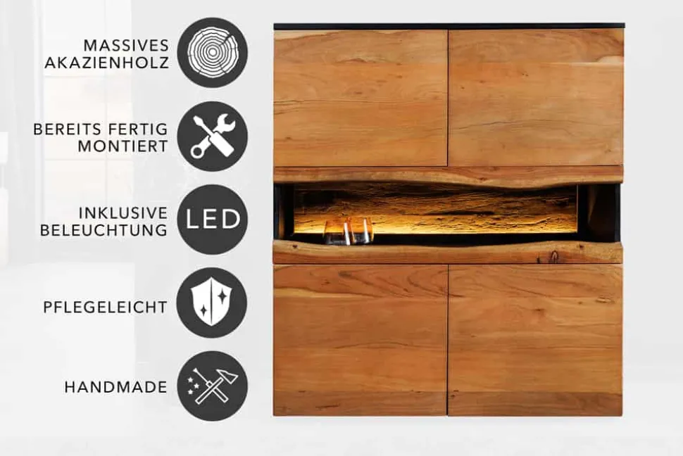 Massivholz Highboard GRAND ACACIA 120cm braun Akazie mit LED-Beleuchtung Baumkante