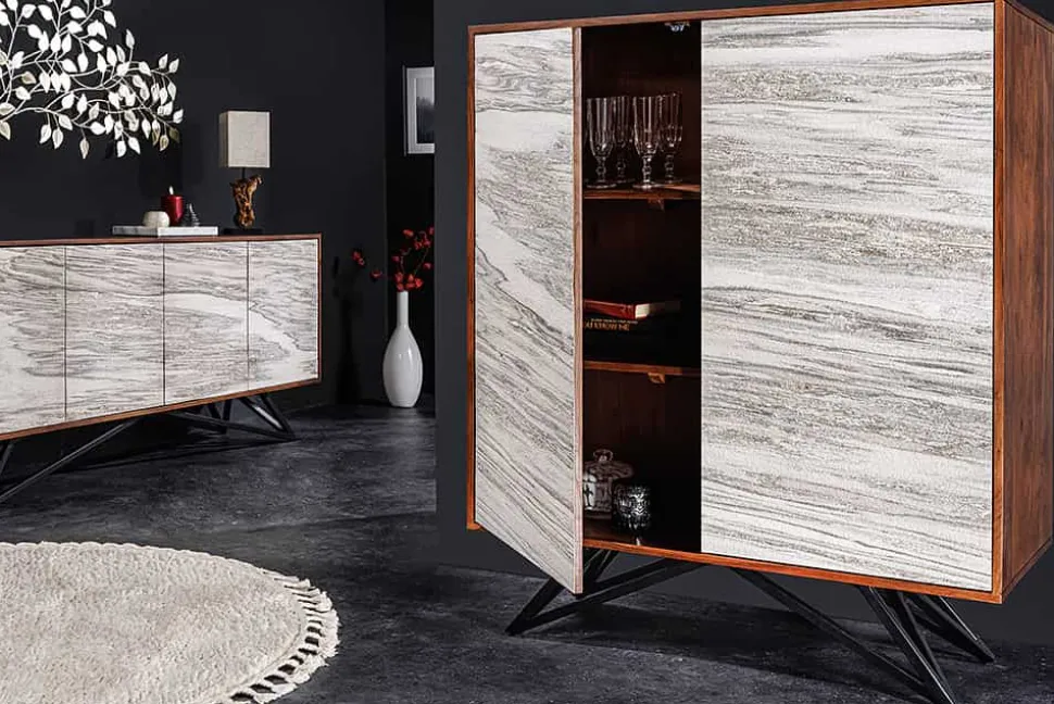 Massivholz Highboard MOUNTAIN SOUL 120cm echter Naturstein weiß Akazie Schrank Marmor-Design