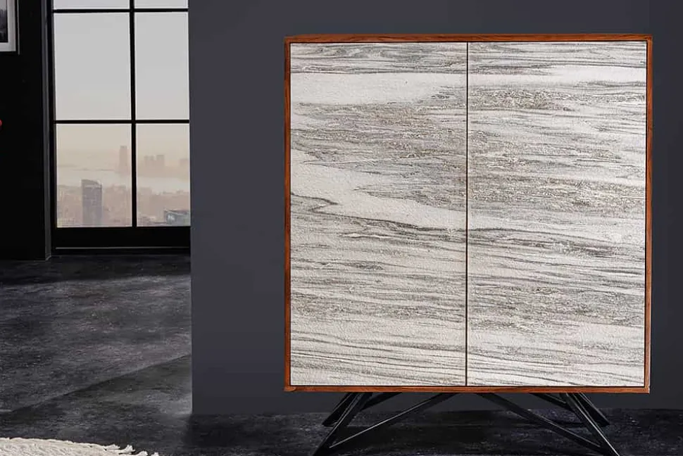 Massivholz Highboard MOUNTAIN SOUL 120cm echter Naturstein weiß Akazie Schrank Marmor-Design