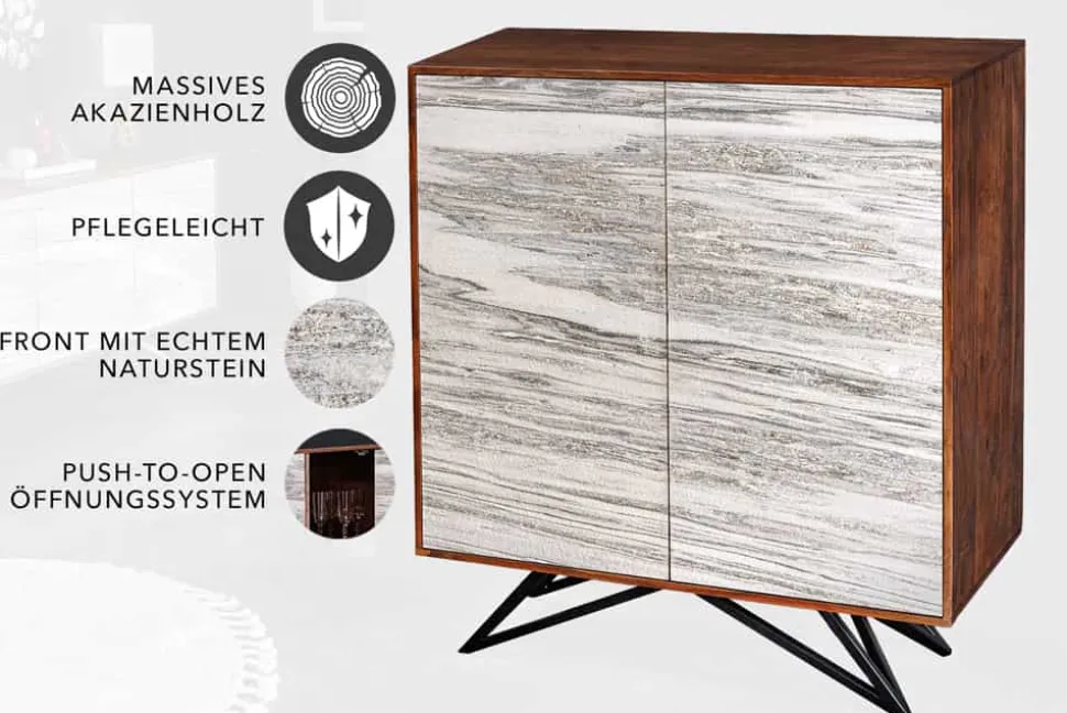 Massivholz Highboard MOUNTAIN SOUL 120cm echter Naturstein weiß Akazie Schrank Marmor-Design