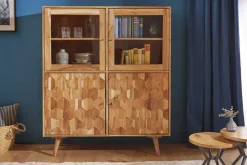 Massivholz Highboard MYSTIC LIVING 140cm Akazie natur Vitrine 3D-Oberfläche