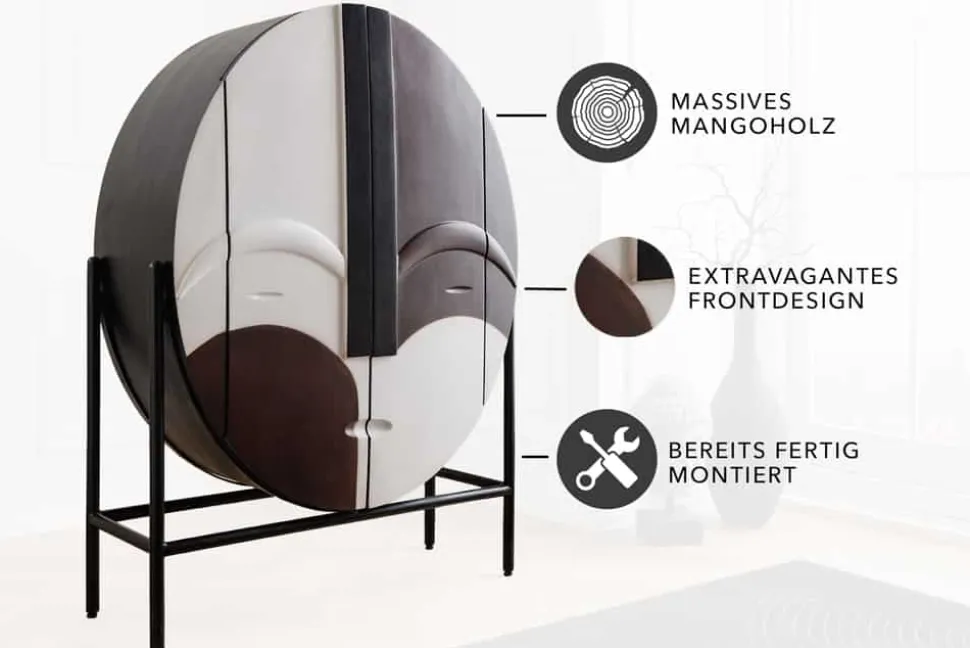 Massivholz Highboard VOODOO 120cm braun weiß schwarz Mangoholz mit 3D Schnitzereien oval Metallgestell