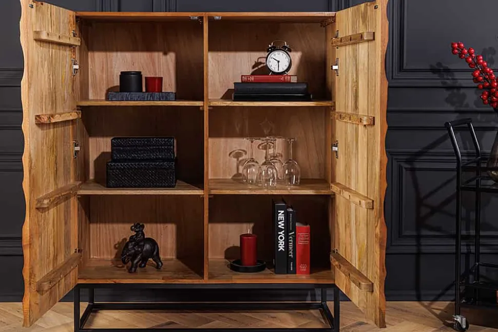 Massivholz Highboard VULCANO 120cm braun Mangoholz mit 3D Schnitzereien handmade Metallgestell schwarz