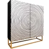 Massivholz Highboard ZEN CIRCLES 120cm weiß schwarz Mangoholz 3D-Design Metall gold
