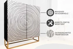 Massivholz Highboard ZEN CIRCLES 120cm weiß schwarz Mangoholz 3D-Design Metall gold