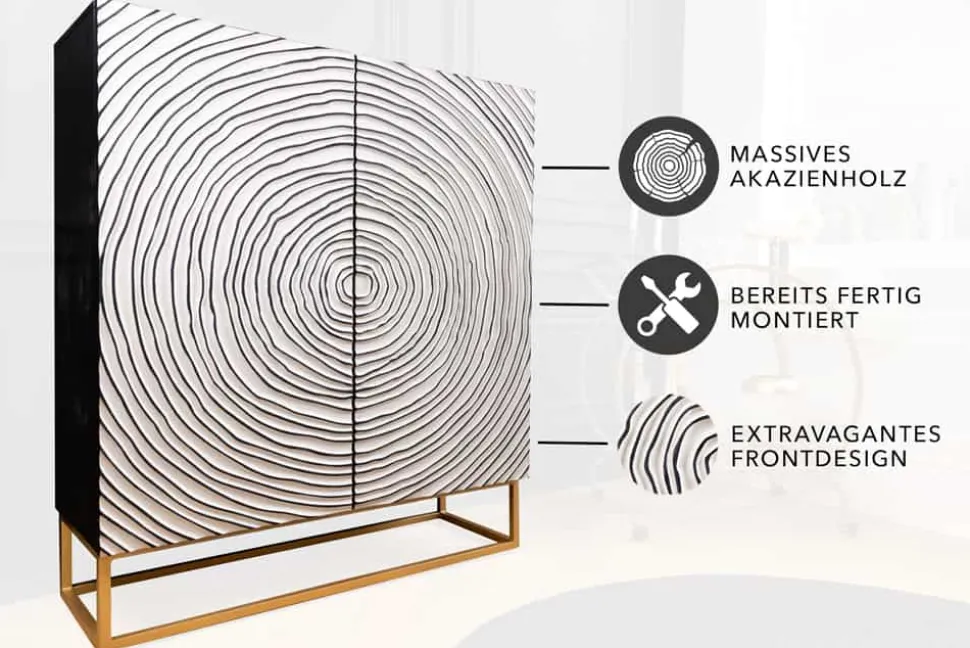 Massivholz Highboard ZEN CIRCLES 120cm weiß schwarz Mangoholz 3D-Design Metall gold