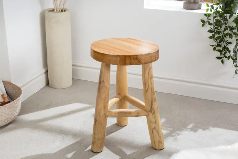 Massivholz Hocker BALI 45cm natur rund Teakholz Beistelltisch Sitzhocker Nachttisch