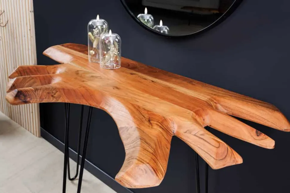 Massivholz Konsolentisch WILD 105cm Akazie natur Hairpin Legs Baumkante