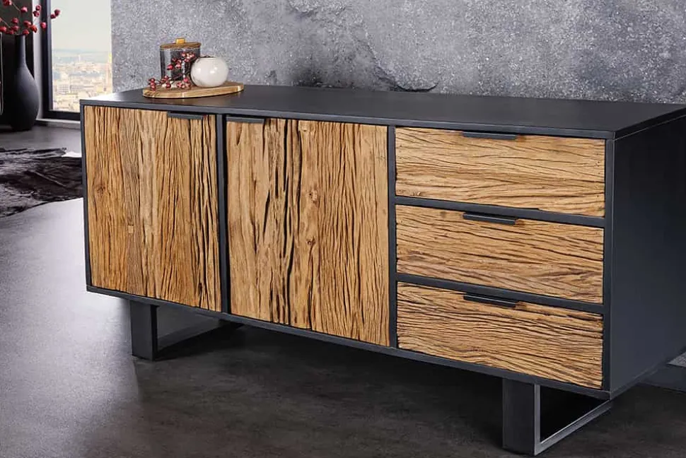 Massivholz Sideboard BARRACUDA 150cm Teak Mango schwarz Metall recycelt