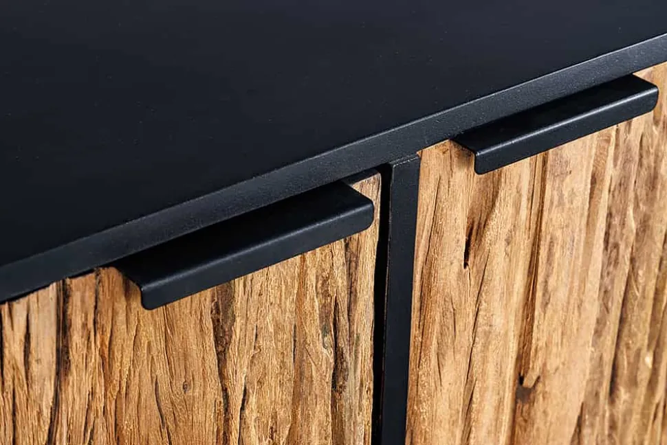 Massivholz Sideboard BARRACUDA 150cm Teak Mango schwarz Metall recycelt