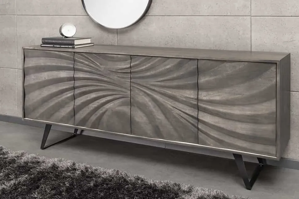 Massivholz Sideboard HURRICANE 175cm grau Akazie 3D-Design