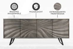 Massivholz Sideboard HURRICANE 175cm grau Akazie 3D-Design