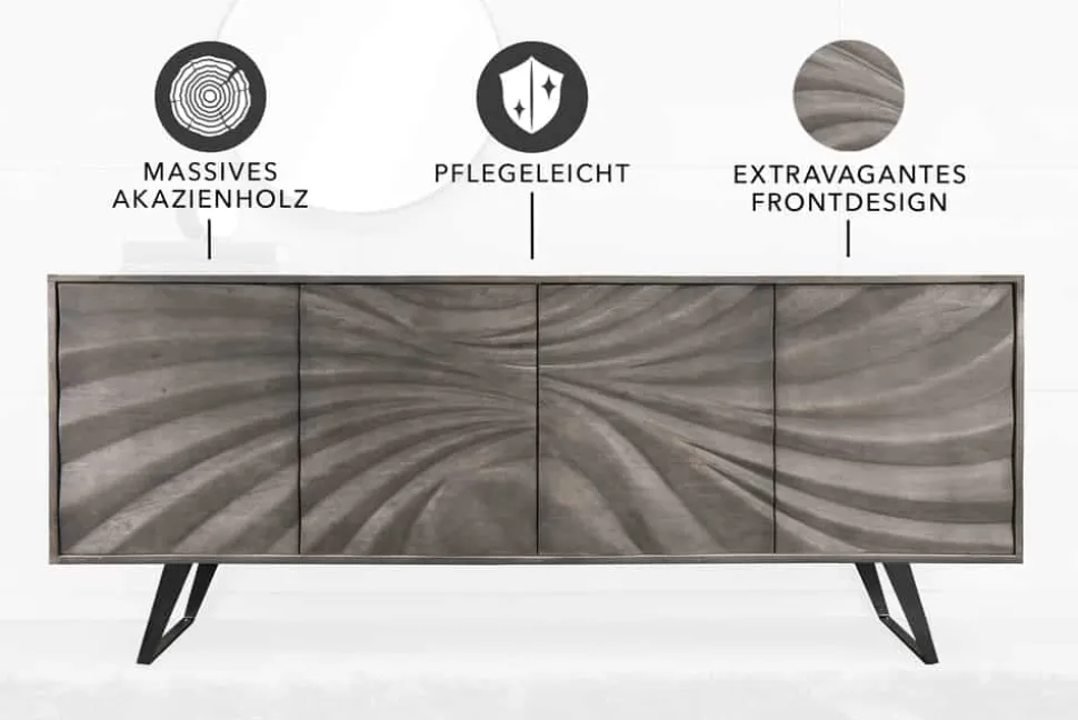 Massivholz Sideboard HURRICANE 175cm grau Akazie 3D-Design