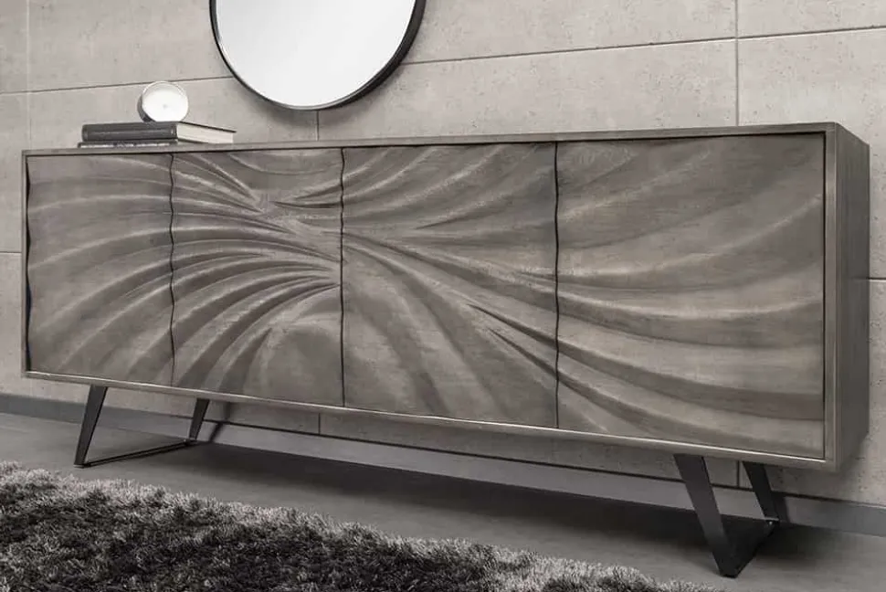 Massivholz Sideboard HURRICANE 175cm grau Akazie 3D-Design
