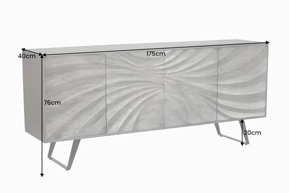 Massivholz Sideboard HURRICANE 175cm grau Akazie 3D-Design