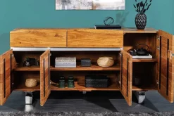 Massivholz Sideboard MAMMUT 170cm Akazie Baumkante mit Schubladen Kufengestell Edelstahl