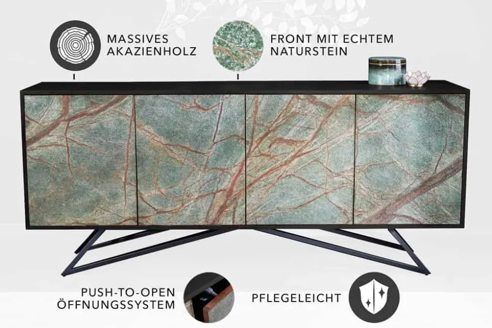Massivholz Sideboard MOUNTAIN SOUL 175cm echter Naturstein schwarz Akazie Anrichte