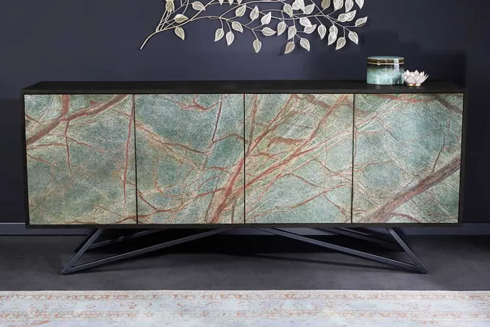 Massivholz Sideboard MOUNTAIN SOUL 175cm echter Naturstein schwarz Akazie Anrichte
