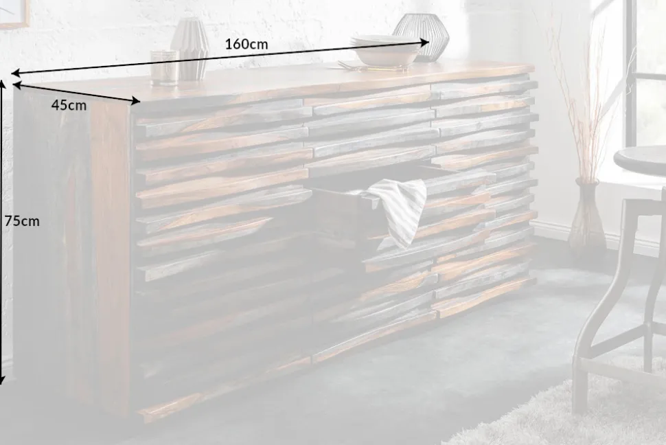 Massivholz Sideboard RELIEF 160cm Sheesham grau smoke finish Kommode mit Schubladen